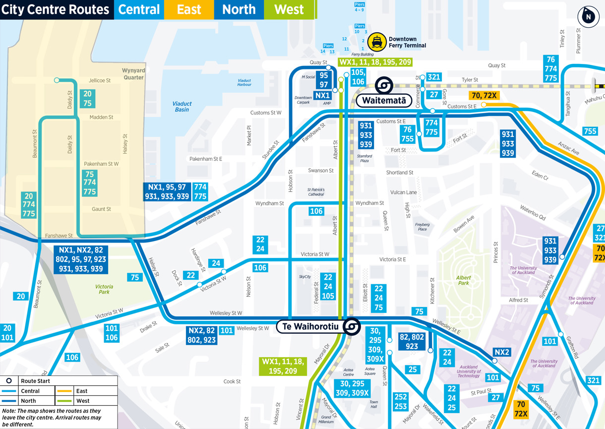 Bus and train routes through City Centre and Wynyard Quarter.