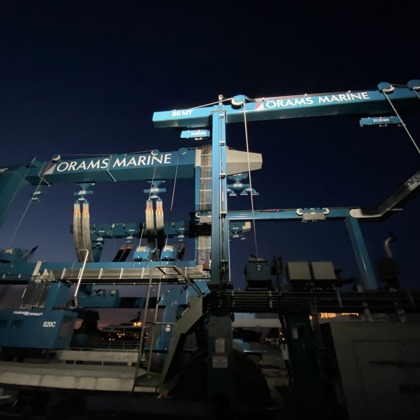 Orams Marine's 820 Tonne And 85 Tonne Marine Travel Lifts By Night